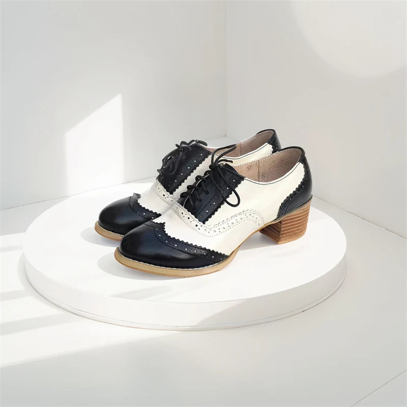 Oxford Pumps Shoes Women Vintage Calfskin Leather Patchwork 5cm Lady Thick Heels Retro Vintage Round Toe Shoes For Women Shoes