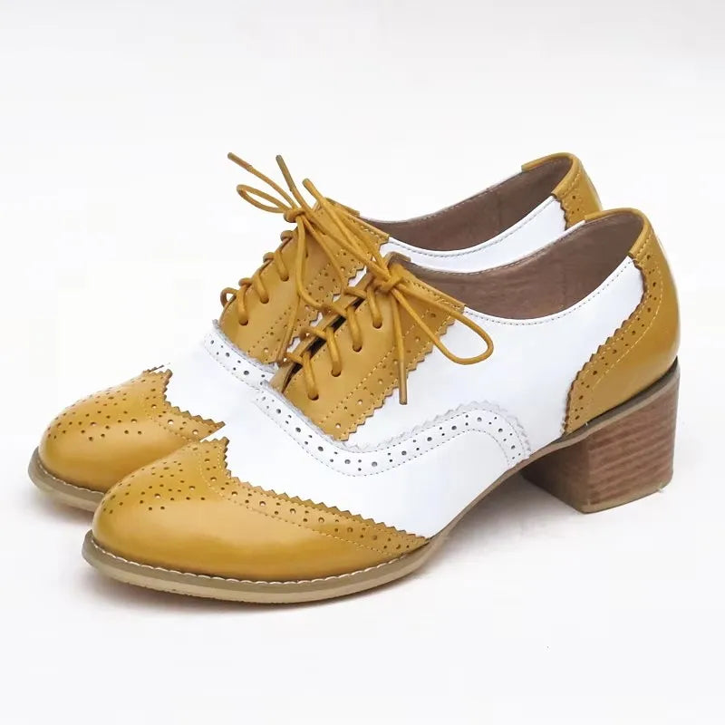 Oxford Pumps Shoes Women Vintage Calfskin Leather Patchwork 5cm Lady Thick Heels Retro Vintage Round Toe Shoes For Women Shoes