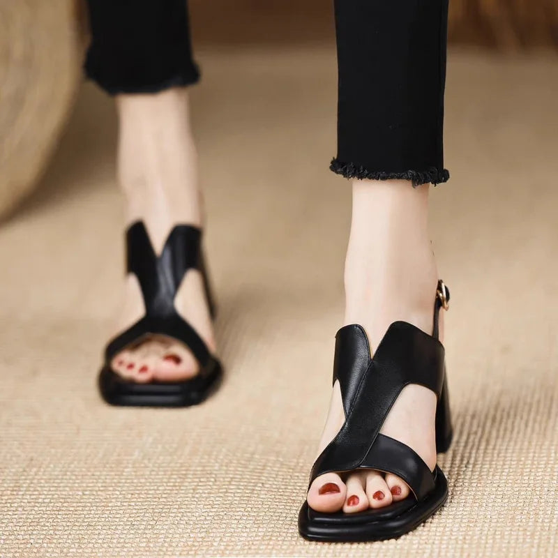 Women High Heels Sandals,Soft Summer Gladiator Shoes,Square Open Toe,Retro Style,Slip On,Black,Brown,35-39.Dropship