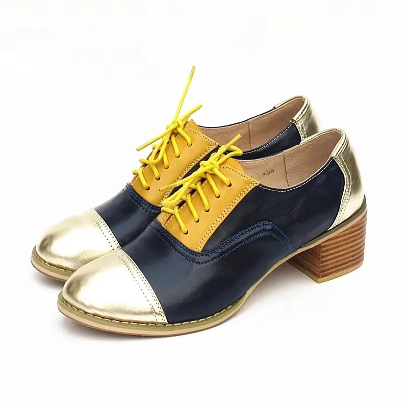 Oxford Pumps Shoes Women Vintage Calfskin Leather Patchwork 5cm Lady Thick Heels Retro Vintage Round Toe Shoes For Women Shoes