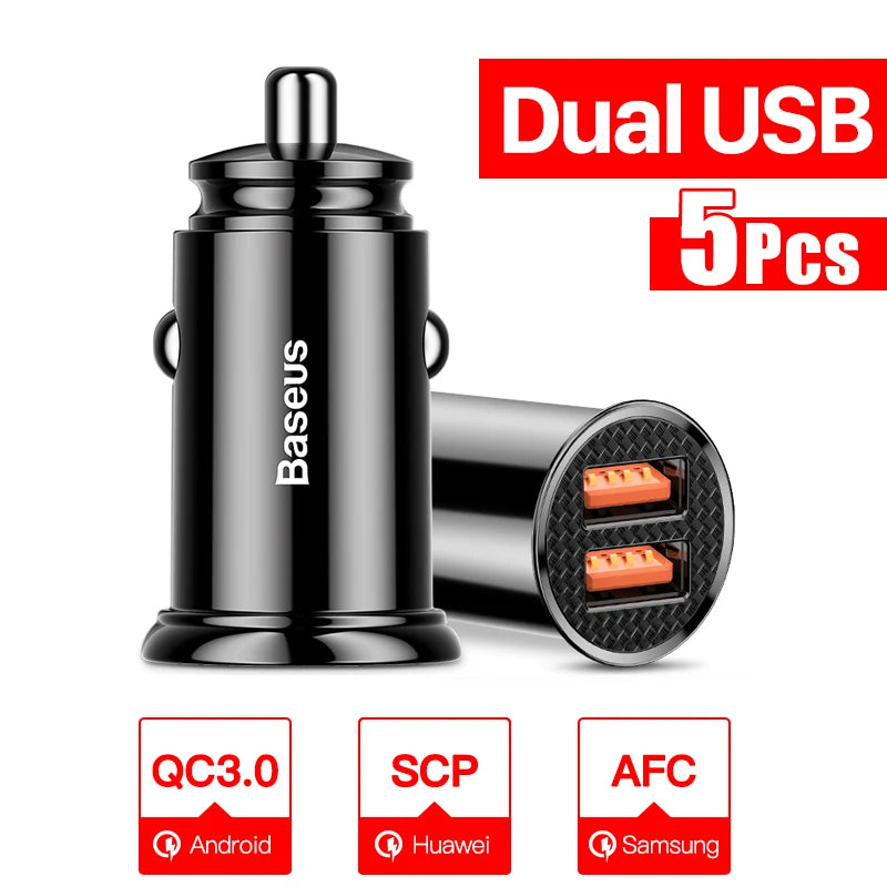 Baseus 5pcs USB Car Charger Quick Charge QC4.0 QC3.0 PD3.0 SCP PPS 5A Type C 30W Fast USB Charger For iPhone Xiaomi Mobile Phone