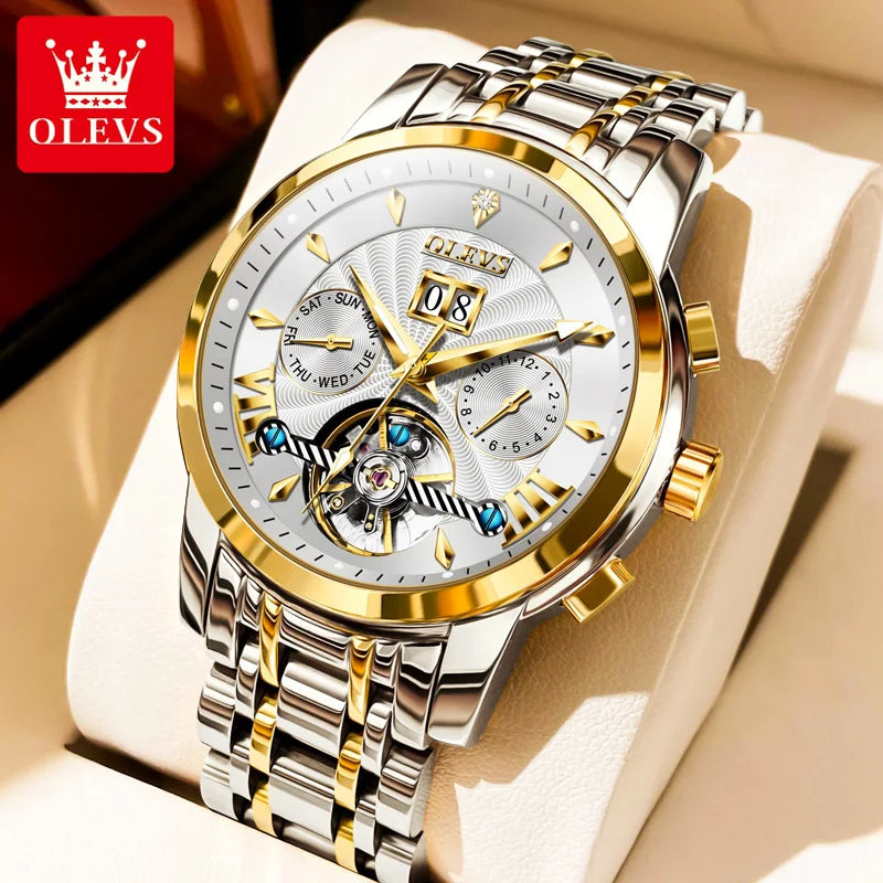 OLEVS Luxury Brand Automatic Mechanical Watch for Men Multifunctional Date Luminous Waterproof Stainless steel Skeleton Flywheel