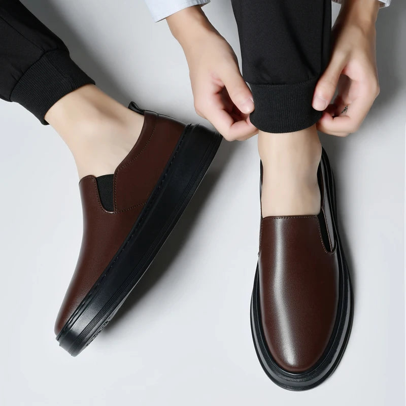 Genuine Leather Loafers for Men Stylish Casual Dress Shoes with Thick Height Increasing Sole Slip-On Breathable Business Shoes