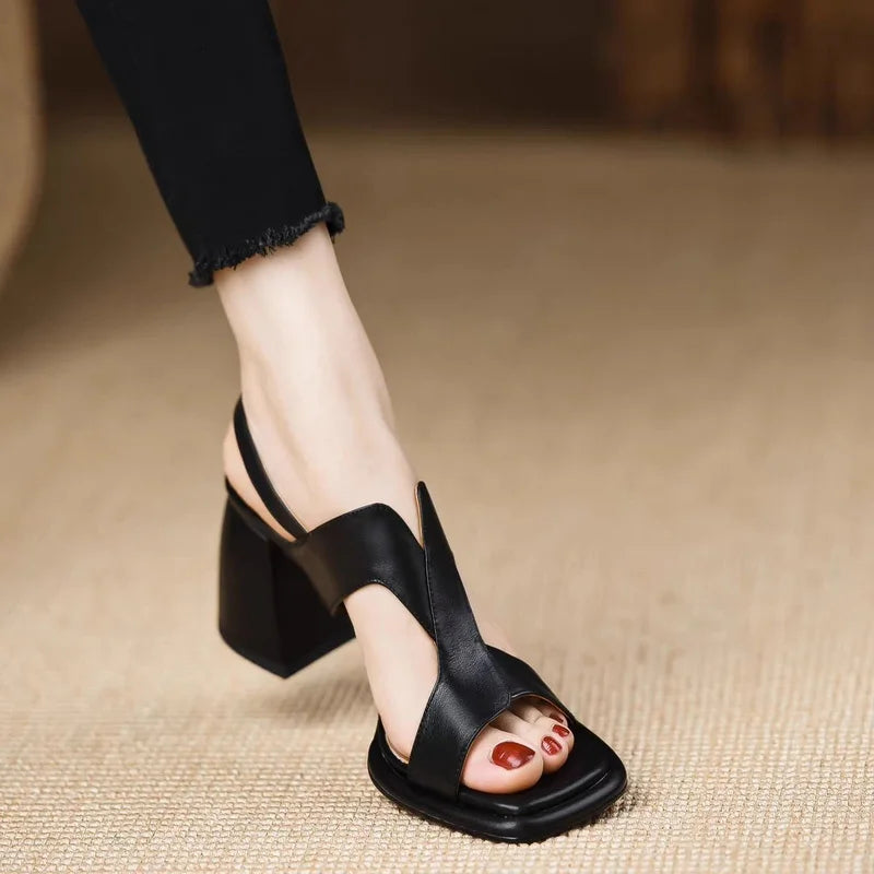 Women High Heels Sandals,Soft Summer Gladiator Shoes,Square Open Toe,Retro Style,Slip On,Black,Brown,35-39.Dropship