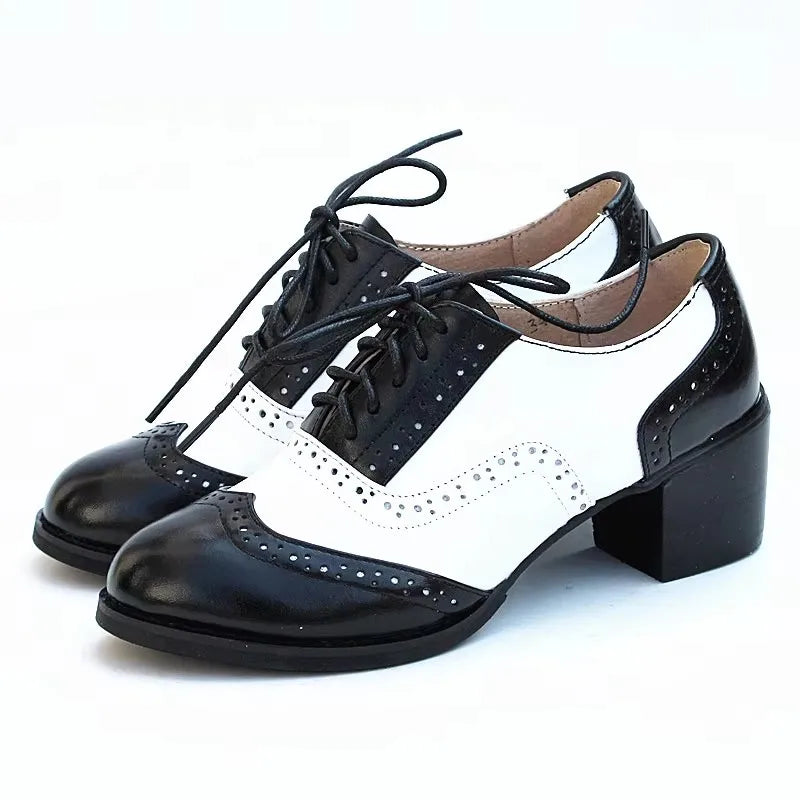 Oxford Pumps Shoes Women Vintage Calfskin Leather Patchwork 5cm Lady Thick Heels Retro Vintage Round Toe Shoes For Women Shoes
