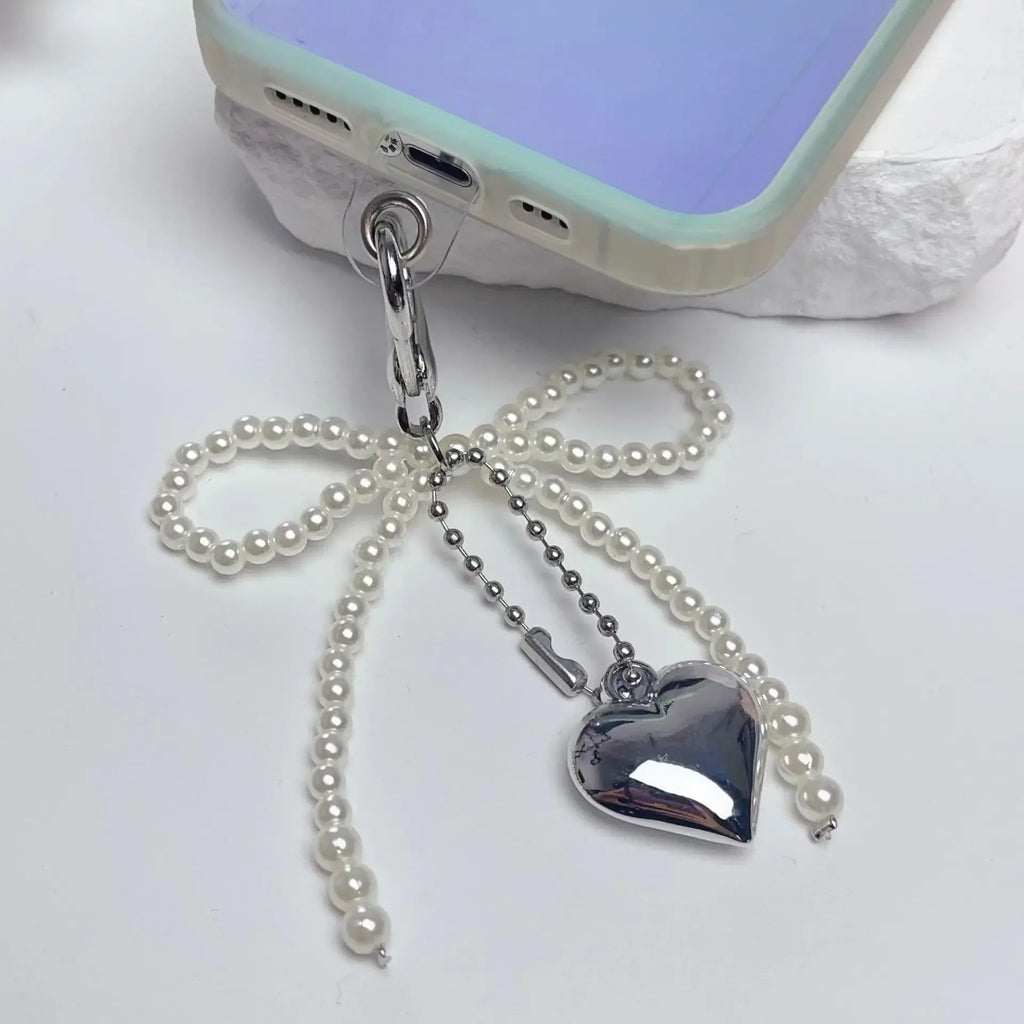 Y2K Keychain with Pearl Beads Heart Pendant Pink Blue Bow Design Fashion Key Ring Delicate Gift for Her Accessory