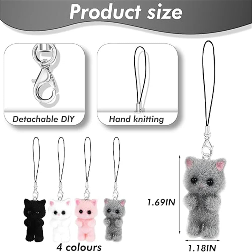 4pcs/set Cute Flocking Cat Mobile Phones Chain Animals Phone Strap Holders Lanyard For Phone Accessories Anti-Lost Chain ﻿