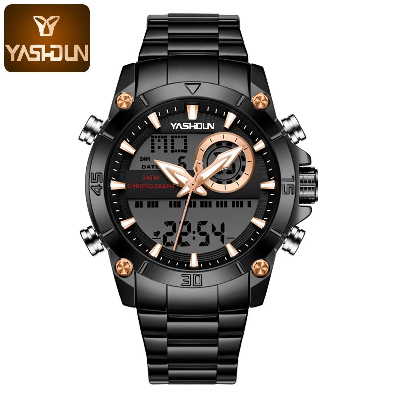 Men's Watches With Dual Movement Electronic Steel Band Luminous Waterproof Watche Sports Dual Display Military LED Digital Watch