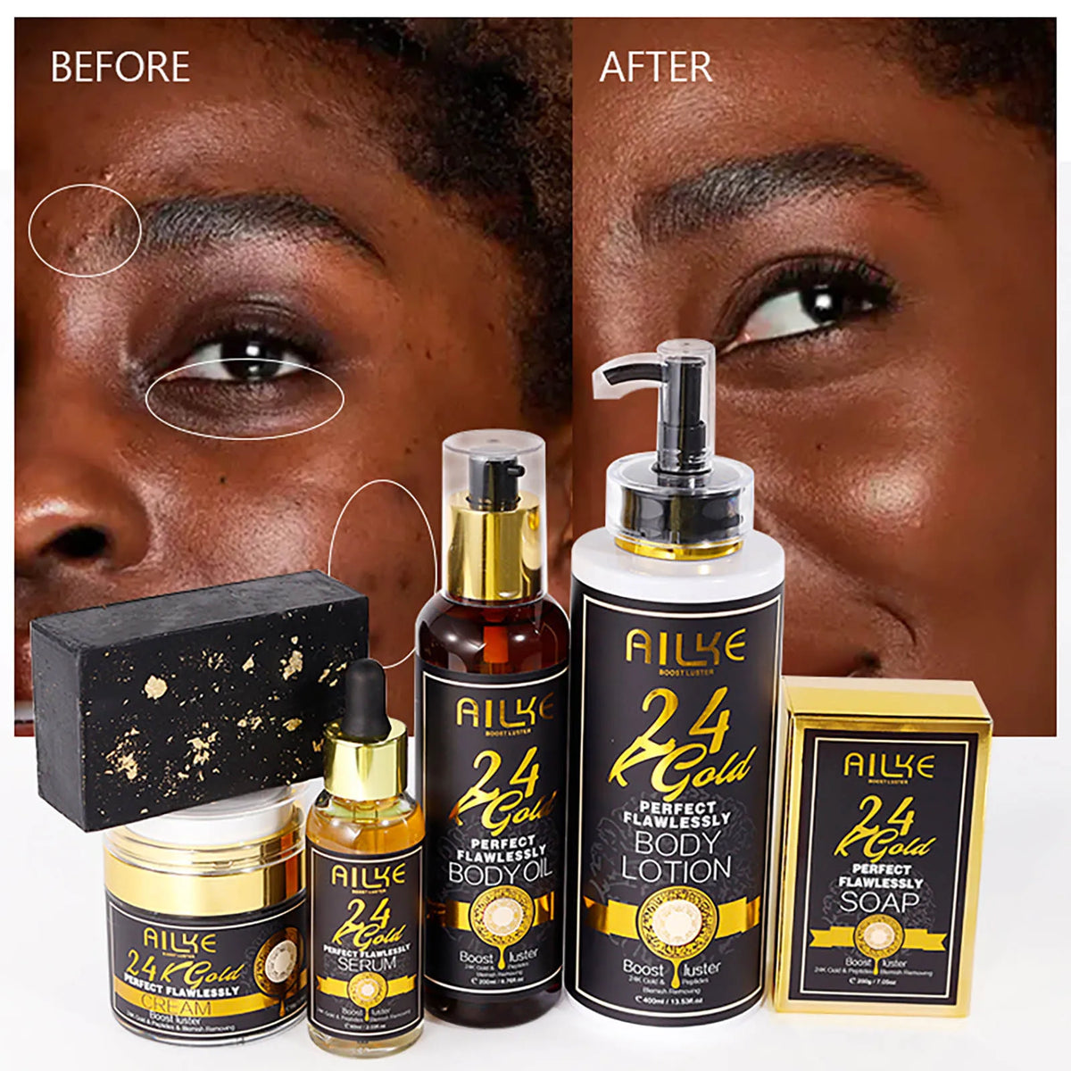 AILKE 24K Glod Flawlessly Skin Care Range, Skin Whitener, Reduce Dark Spots, Melanin, Wrinkles, Moisturize, For Women & Men