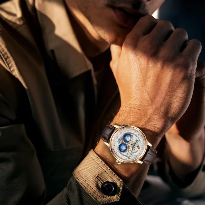  SEAKOSS 47mm Men Automatic Mechanical Watches Double Earth World Time Sapphire Glass 3D Rotate North South Earth Wristwatches