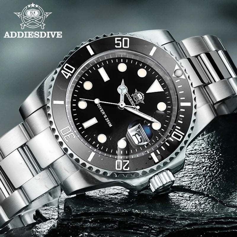 ADDIESDIVE Luxury Stainless Steel Quartz Watch For Men 20ATM Waterproof Date Clock Ceramic Bezel Sport Watches Relogio Masculino