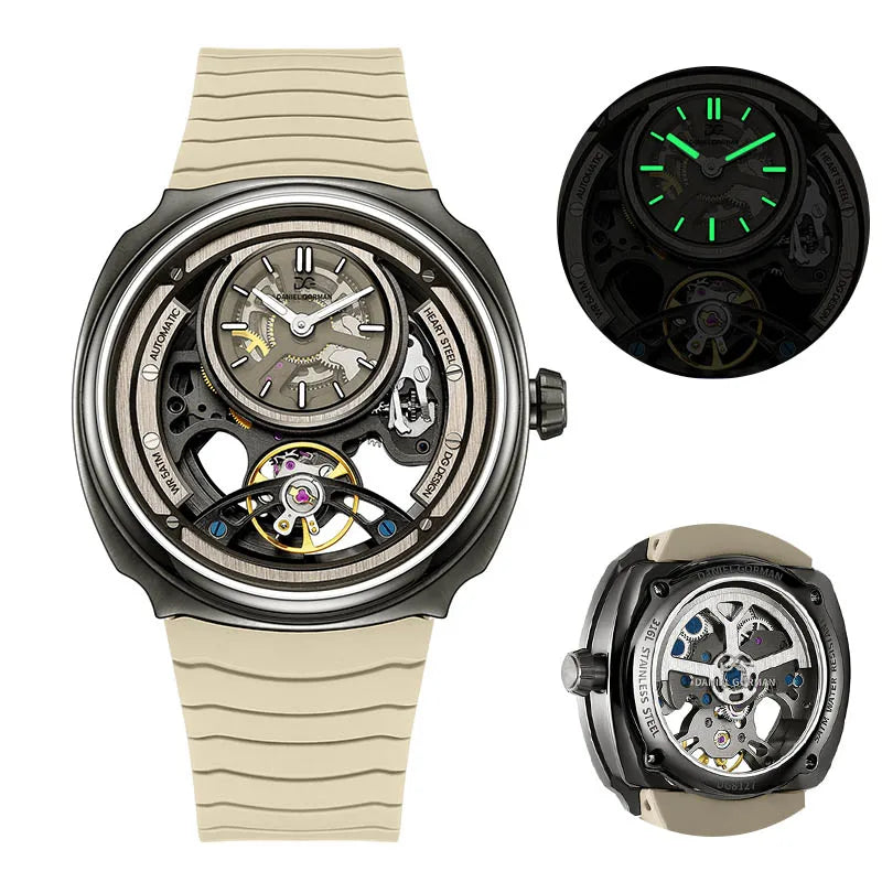 Daniel Gorman Men Automatic Mechanical Watch 5ATM Waterproof Skeleton Hollow Dial Silicone Strap Sports Wristwatch