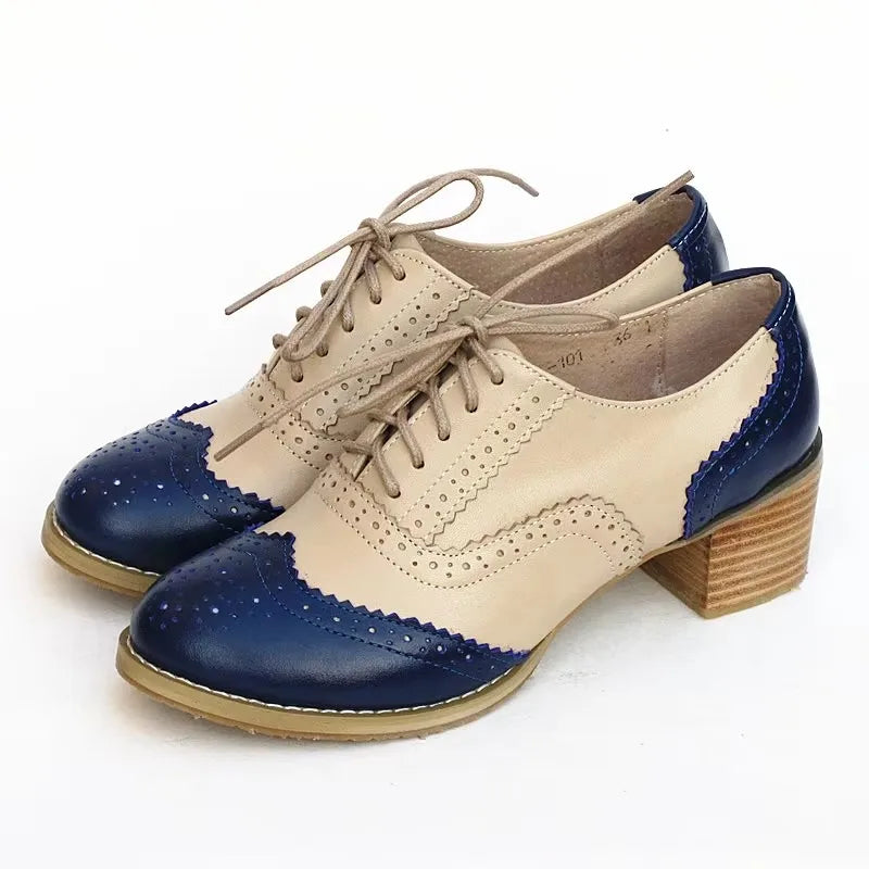 Oxford Pumps Shoes Women Vintage Calfskin Leather Patchwork 5cm Lady Thick Heels Retro Vintage Round Toe Shoes For Women Shoes