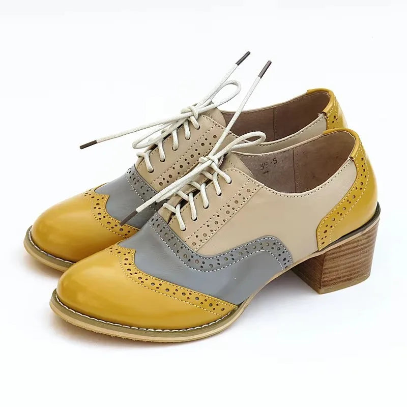 Oxford Pumps Shoes Women Vintage Calfskin Leather Patchwork 5cm Lady Thick Heels Retro Vintage Round Toe Shoes For Women Shoes