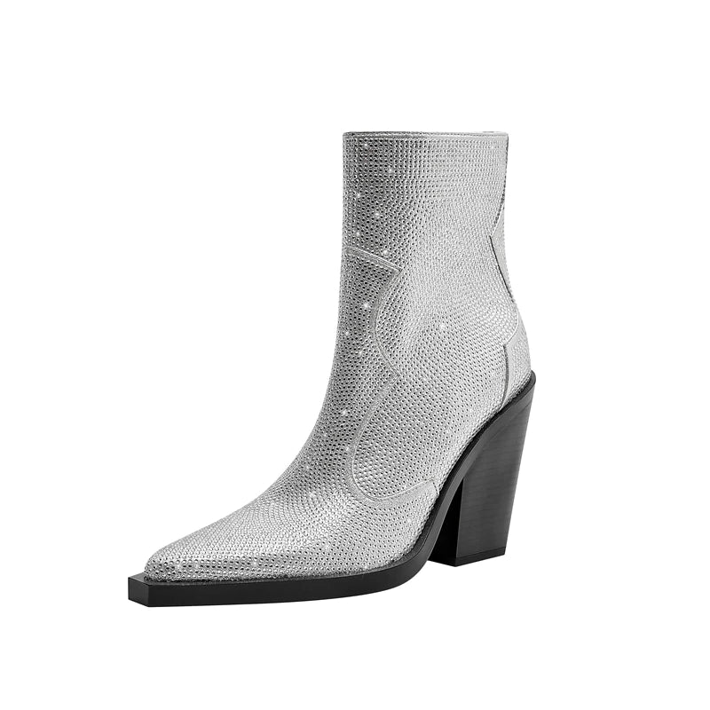 Kaky's New Pointed Rhinestone Thick High Heels Large Women's Boots Short Boots Western Boots