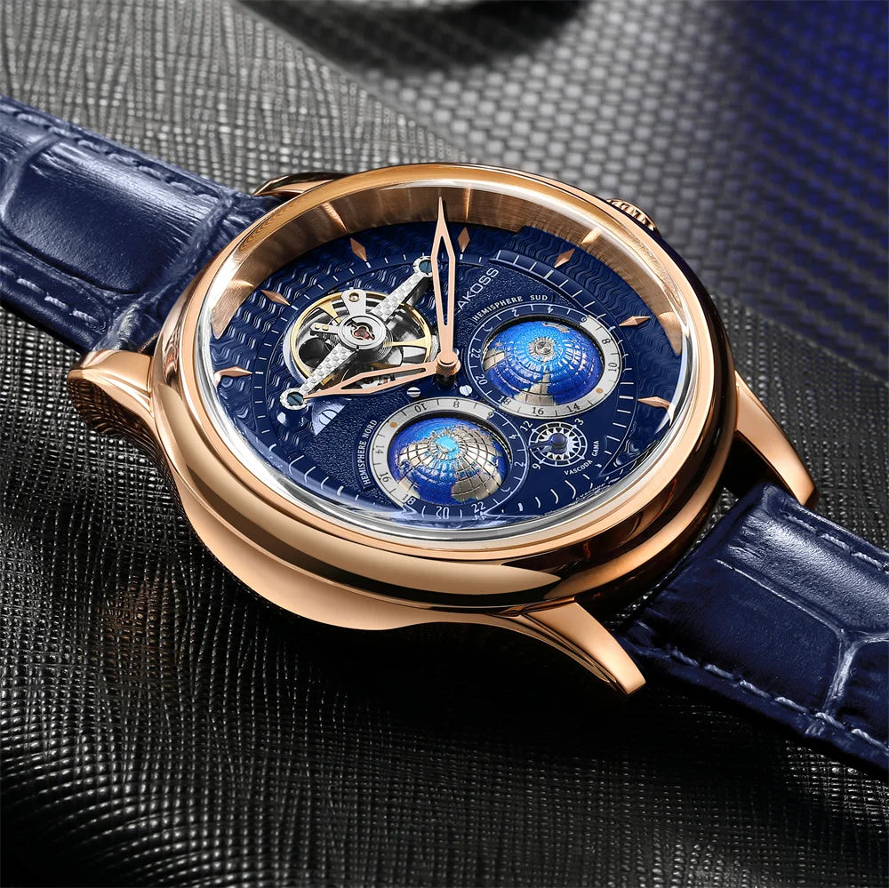  SEAKOSS 47mm Men Automatic Mechanical Watches Double Earth World Time Sapphire Glass 3D Rotate North South Earth Wristwatches