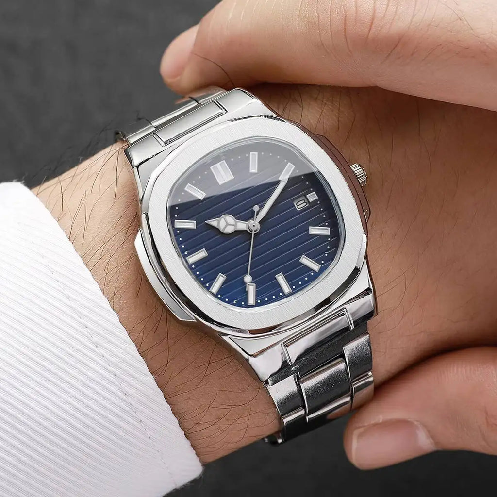Luxury Men Business Watches Fashion Square Dial Stainless Steel Strap Quartz Watch with Calendar For Mens Clock（Without Box）