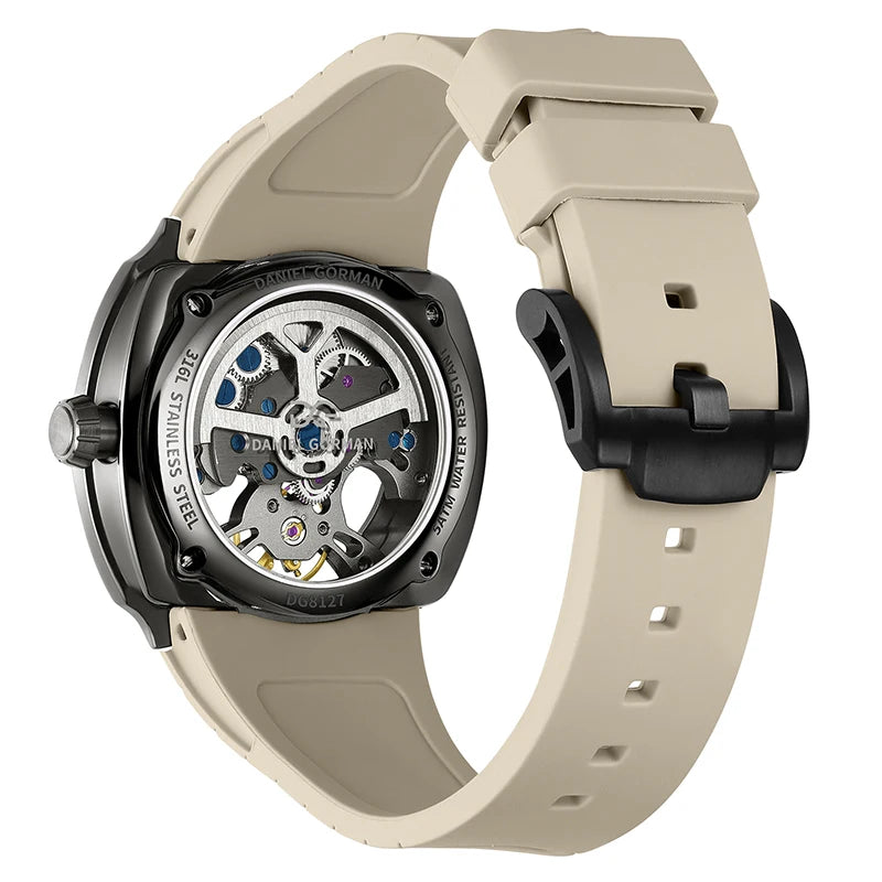 Daniel Gorman Men Automatic Mechanical Watch 5ATM Waterproof Skeleton Hollow Dial Silicone Strap Sports Wristwatch
