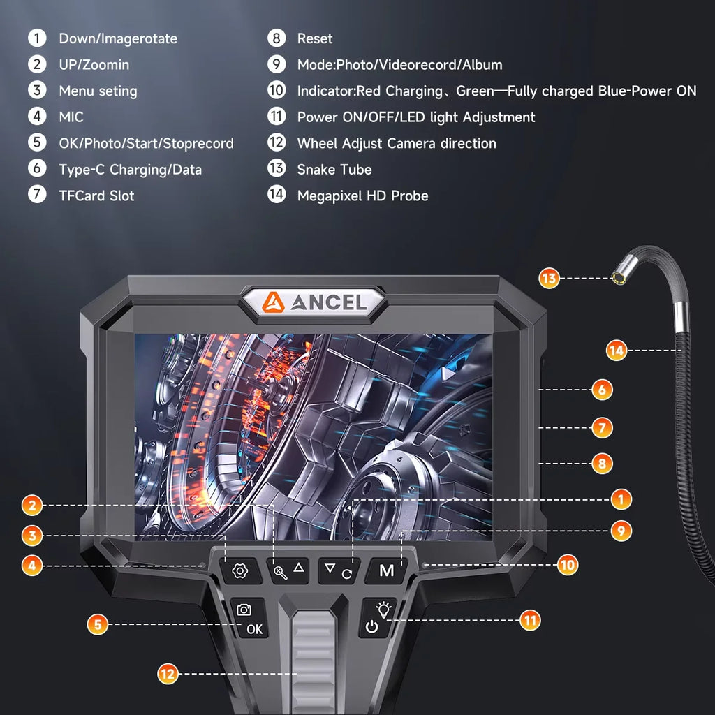 2-Way 210° 1080P 6LED Endoscope Inspection Snake Camera 210° 6.2mm Articulating Borescope  Industrial Endoscope Camera
