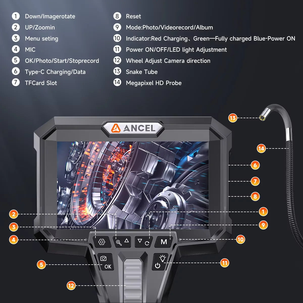 2-Way 210° 1080P 6LED Endoscope Inspection Snake Camera 210° 6.2mm Articulating Borescope  Industrial Endoscope Camera