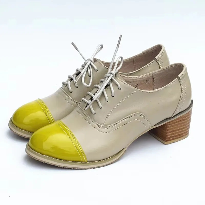 Oxford Pumps Shoes Women Vintage Calfskin Leather Patchwork 5cm Lady Thick Heels Retro Vintage Round Toe Shoes For Women Shoes