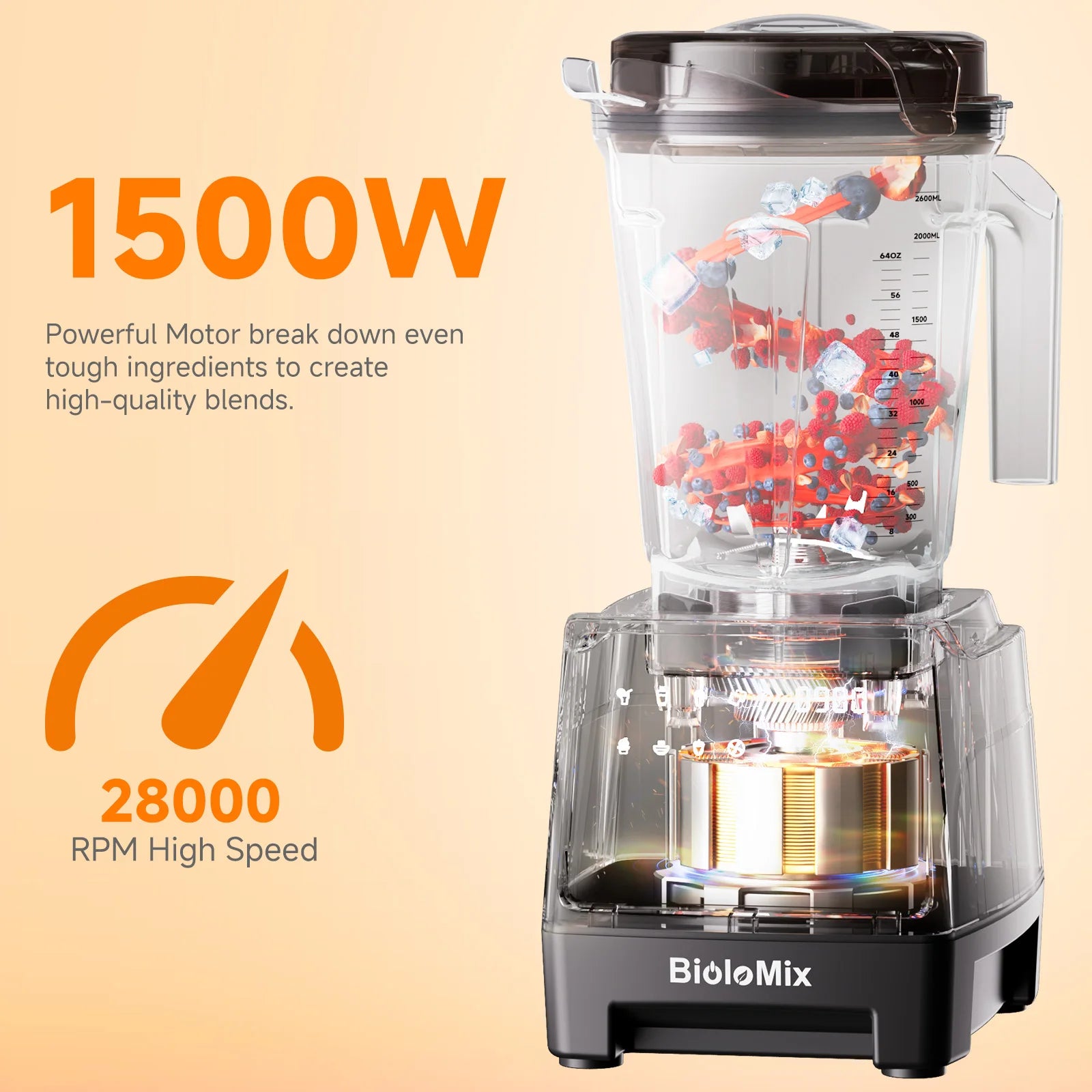 BioloMix 1500W Professional Blender With 2.6L BPA Free Jar With 6 Blades, 7 Preset Program for Smoothies, Shakes, Nut Milk