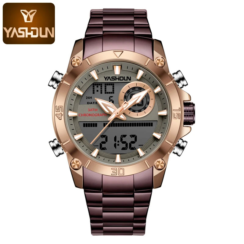 Men's Watches With Dual Movement Electronic Steel Band Luminous Waterproof Watche Sports Dual Display Military LED Digital Watch