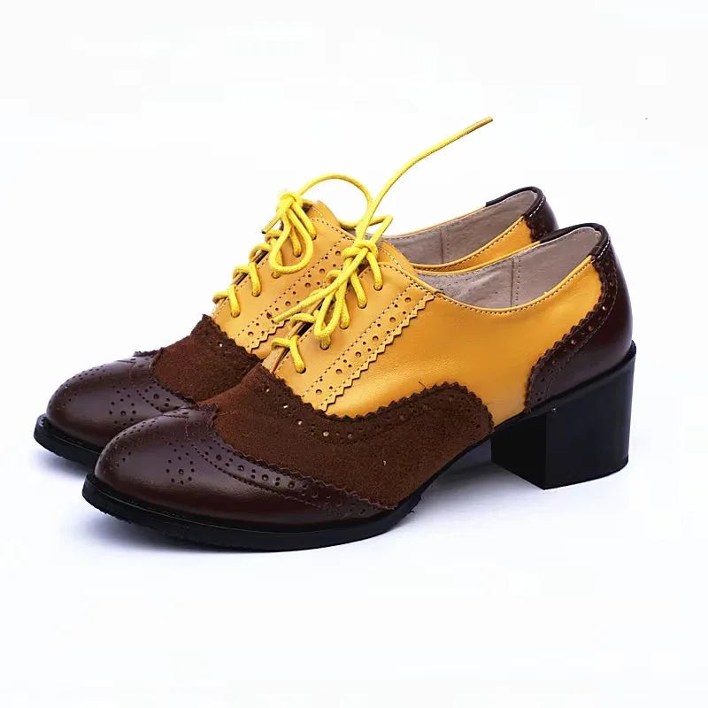 Oxford Pumps Shoes Women Vintage Calfskin Leather Patchwork 5cm Lady Thick Heels Retro Vintage Round Toe Shoes For Women Shoes
