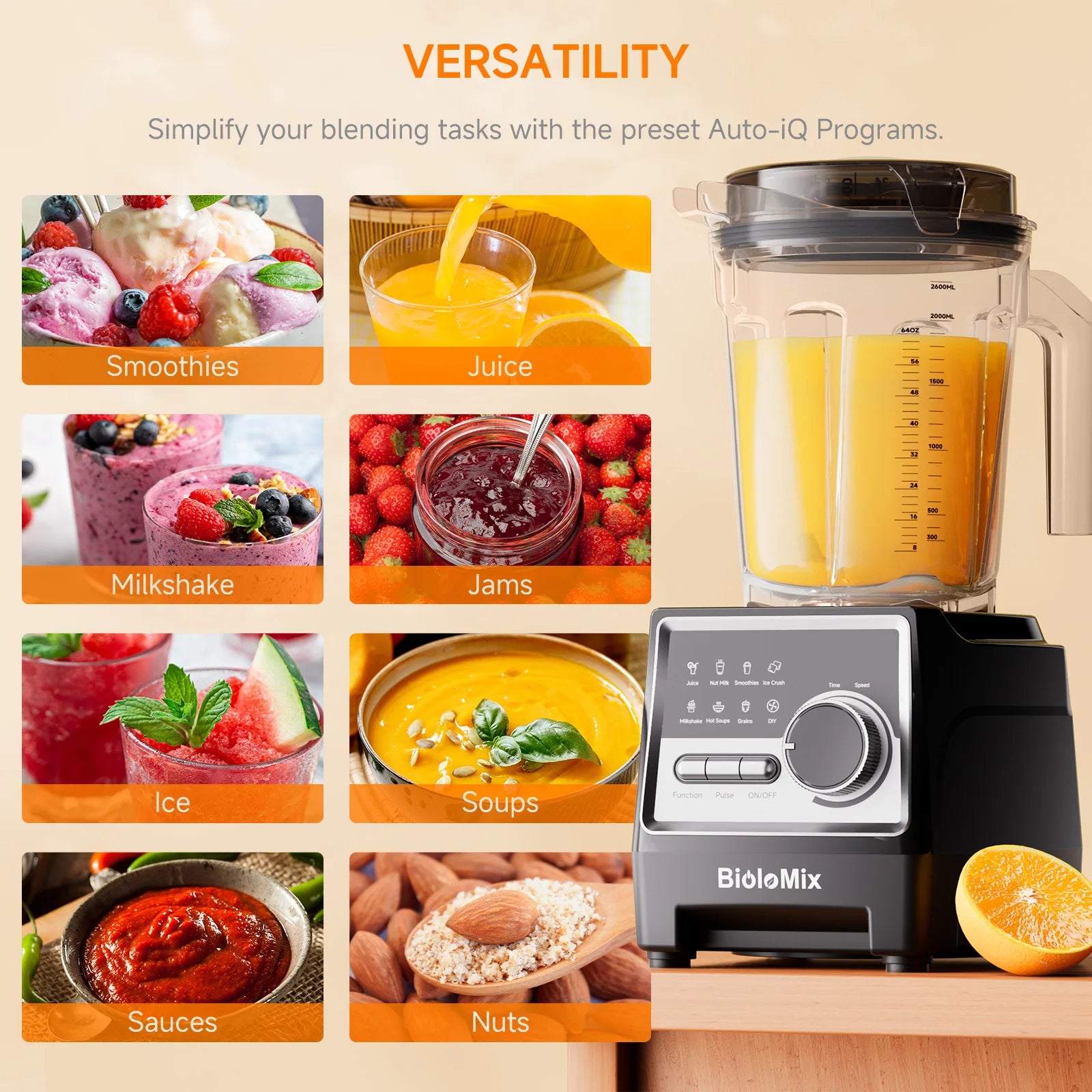 BioloMix 1500W Professional Blender With 2.6L BPA Free Jar With 6 Blades, 7 Preset Program for Smoothies, Shakes, Nut Milk