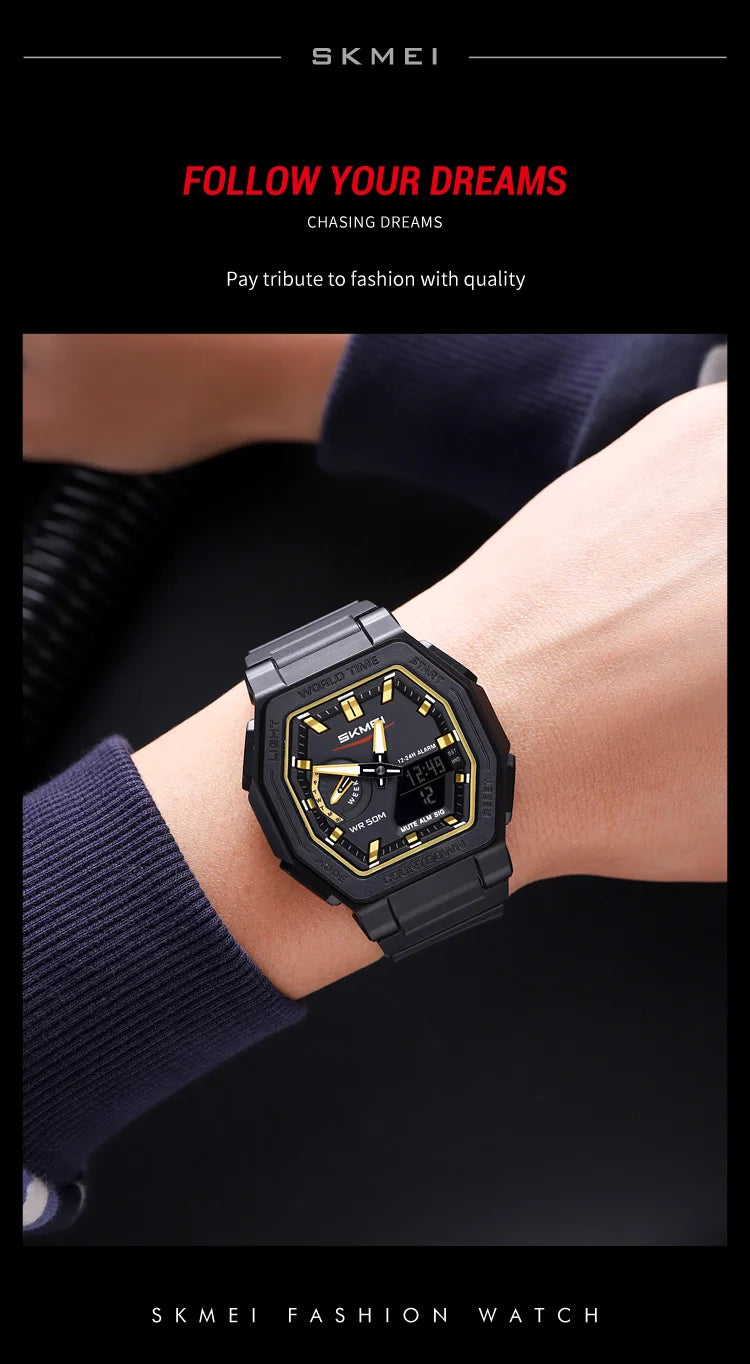 SKMEI 2438 LED Casual Dual Digital Display Quartz Waterproof Mens Wristwatches Calendar Timing Alarm Watch for Men Clock