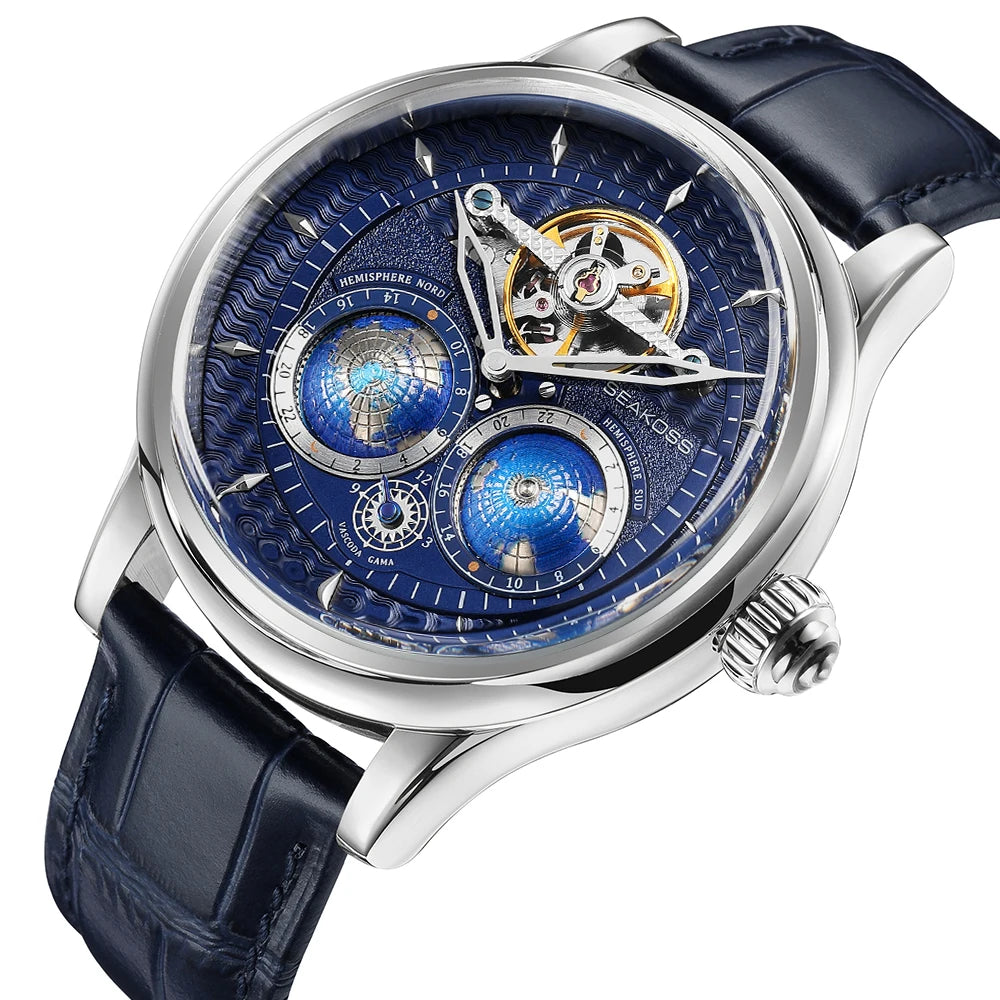  SEAKOSS 47mm Men Automatic Mechanical Watches Double Earth World Time Sapphire Glass 3D Rotate North South Earth Wristwatches