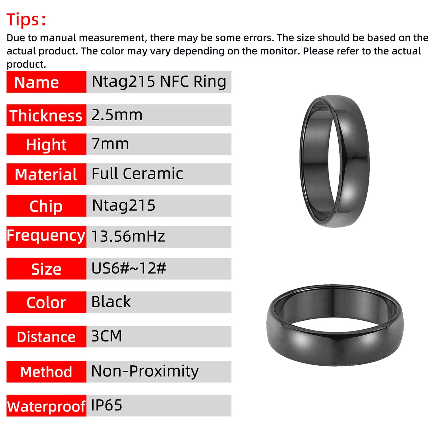 Ntag215 NFC Full Ceramic Smart Ring Compatible with NFC Enabled Phones and Devices Programmable 504 Bytes for Bussiness Tags