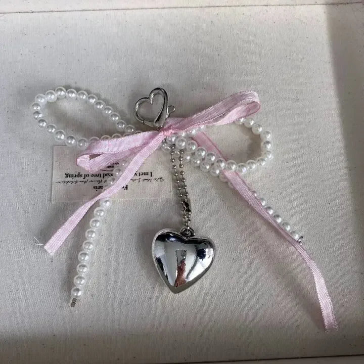Y2K Keychain with Pearl Beads Heart Pendant Pink Blue Bow Design Fashion Key Ring Delicate Gift for Her Accessory